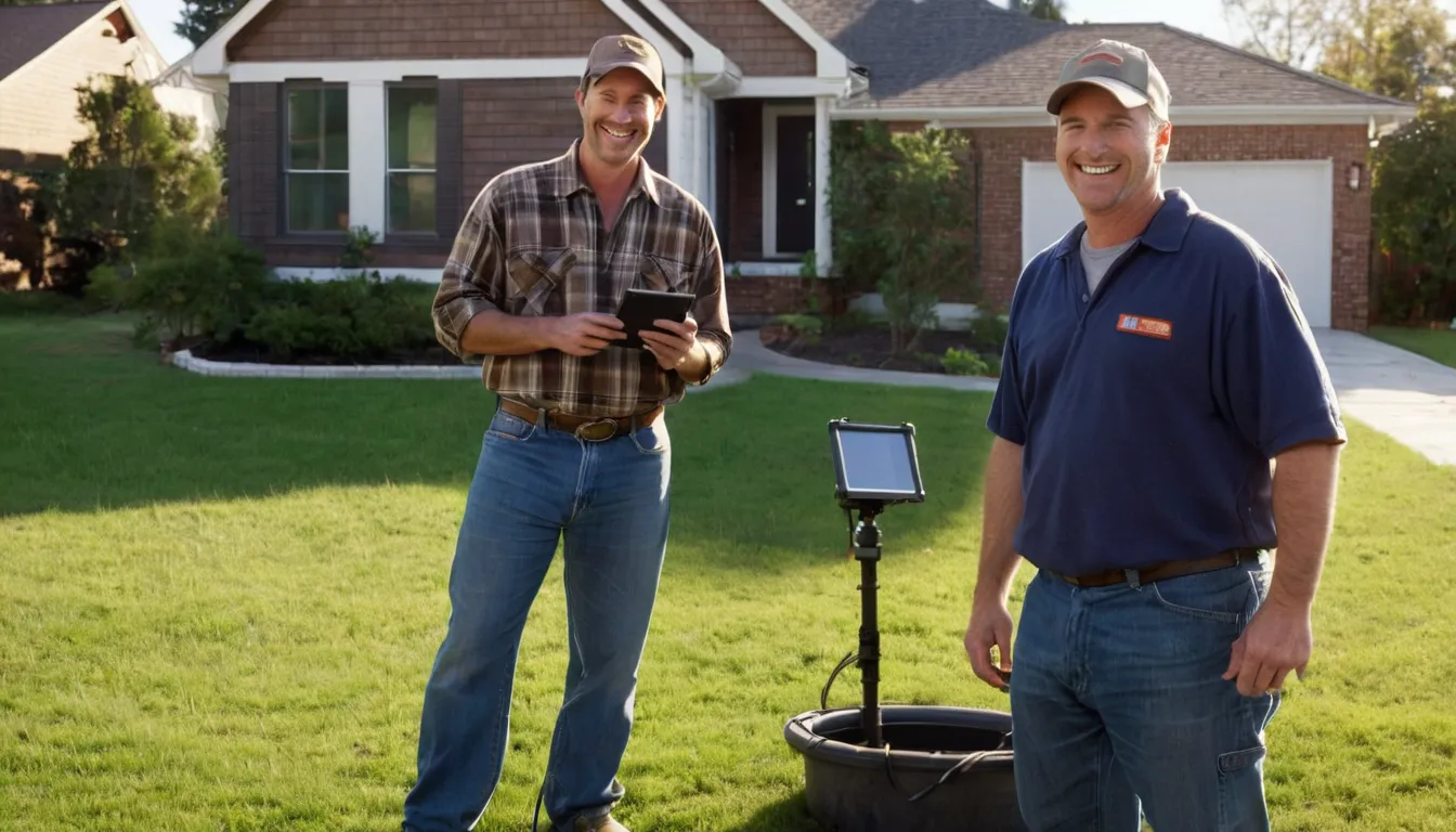 A friendly provider and a homeowner reviewing a sewer line inspection on a tablet in a yard in Wildwood